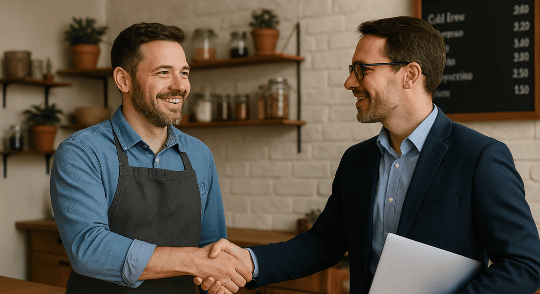 Small business owner meeting with marketing consultant for growth strategy.