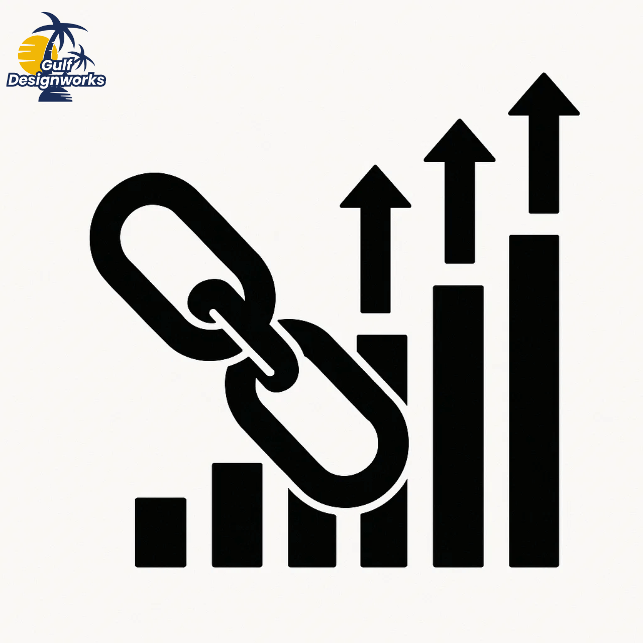 Link building SEO strategy illustrated with chains and growth arrow.