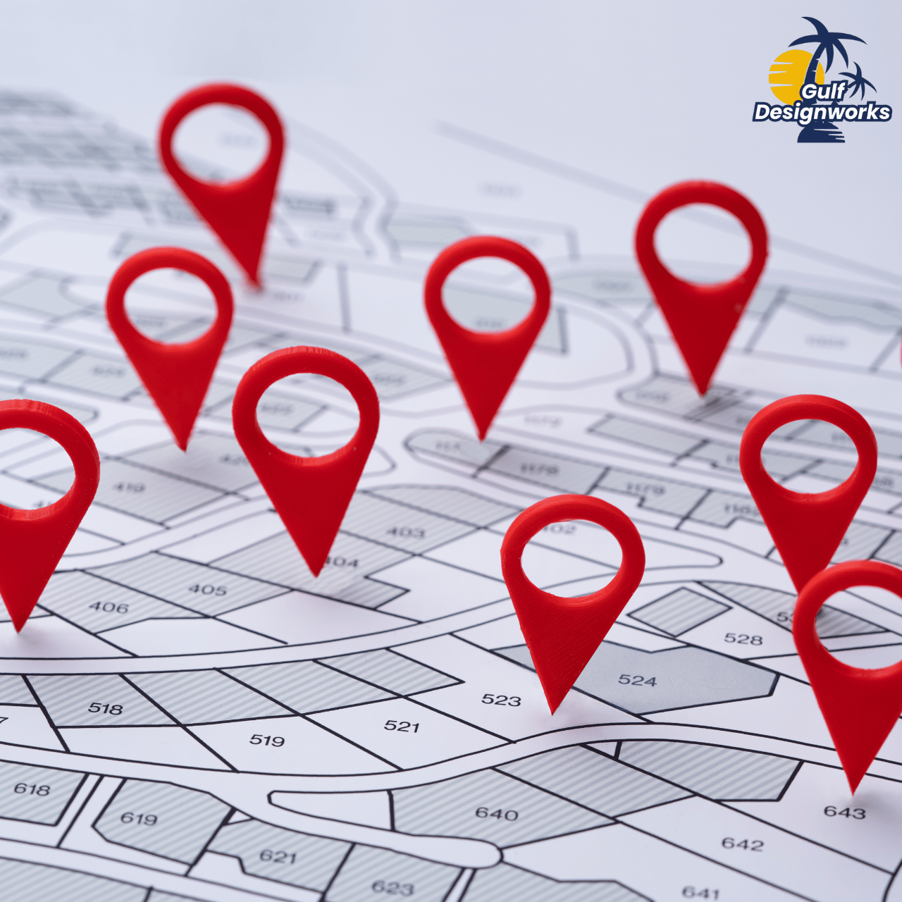Local SEO concept with map pins and business visibility online.