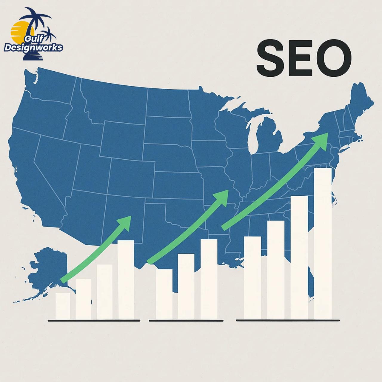 National SEO strategy showing U.S. map with digital growth icons.