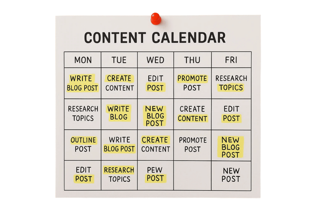 Content calendar for blog publishing and management tasks.