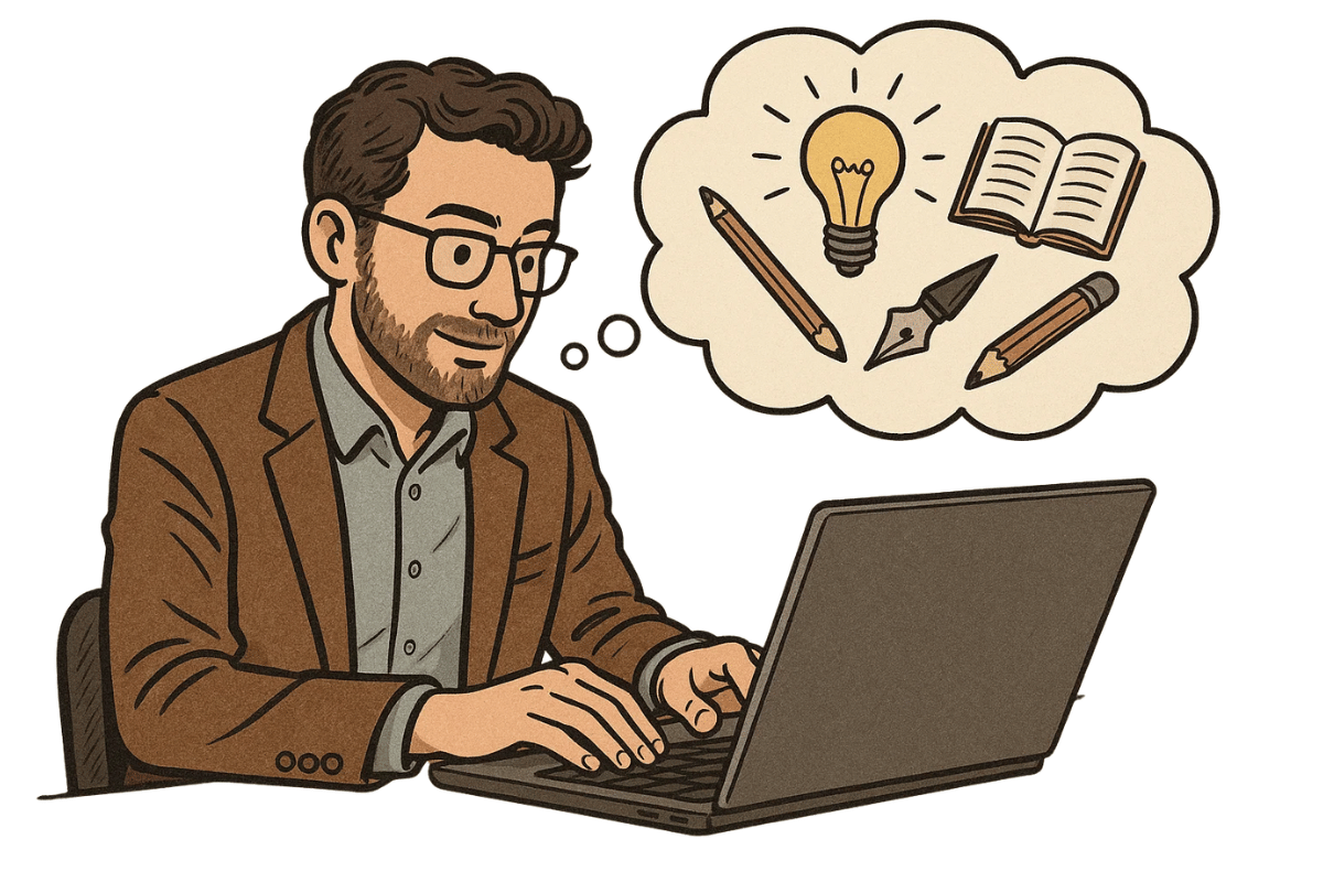 Content writer creating SEO-friendly blog posts with notes and laptop.