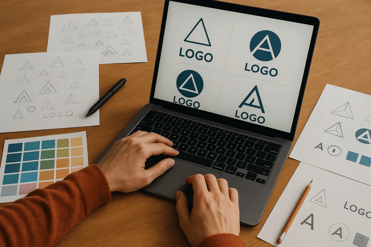Graphic designer creating logo and banner concepts for a business brand.