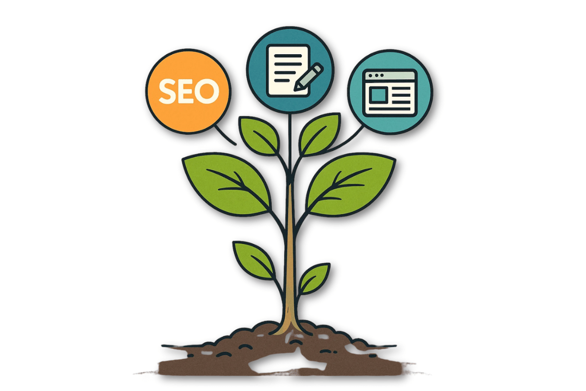Graphic of business growth symbolized by a tree with digital marketing icons.
