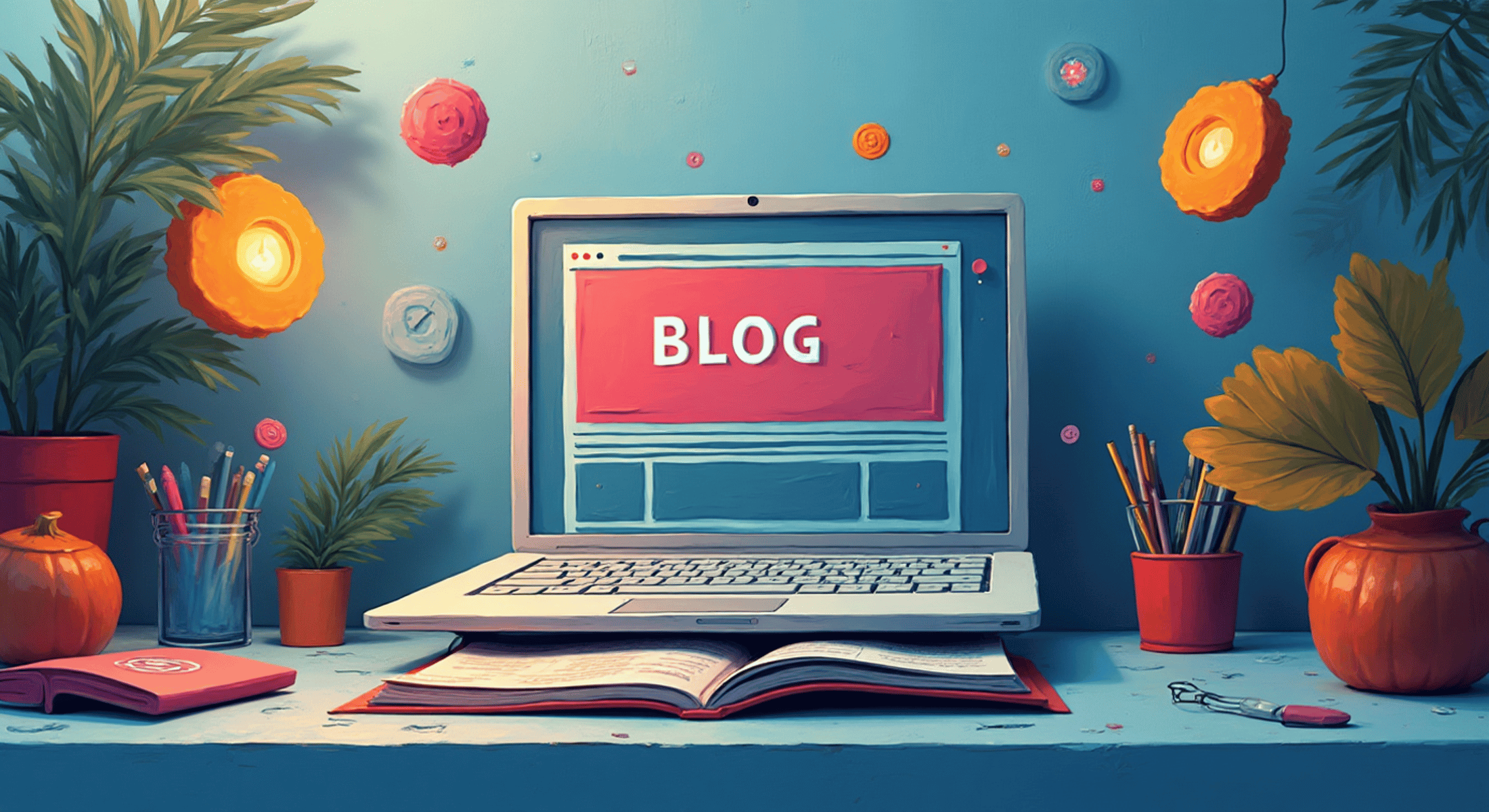 Professional blog writing displayed on laptop screen with engagement and SEO icons.