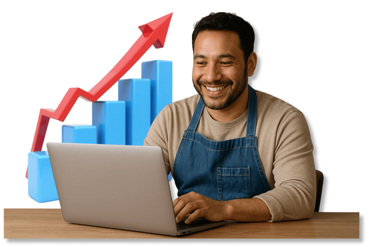 Small business owner reviewing online growth results with Gulf Designworks support.