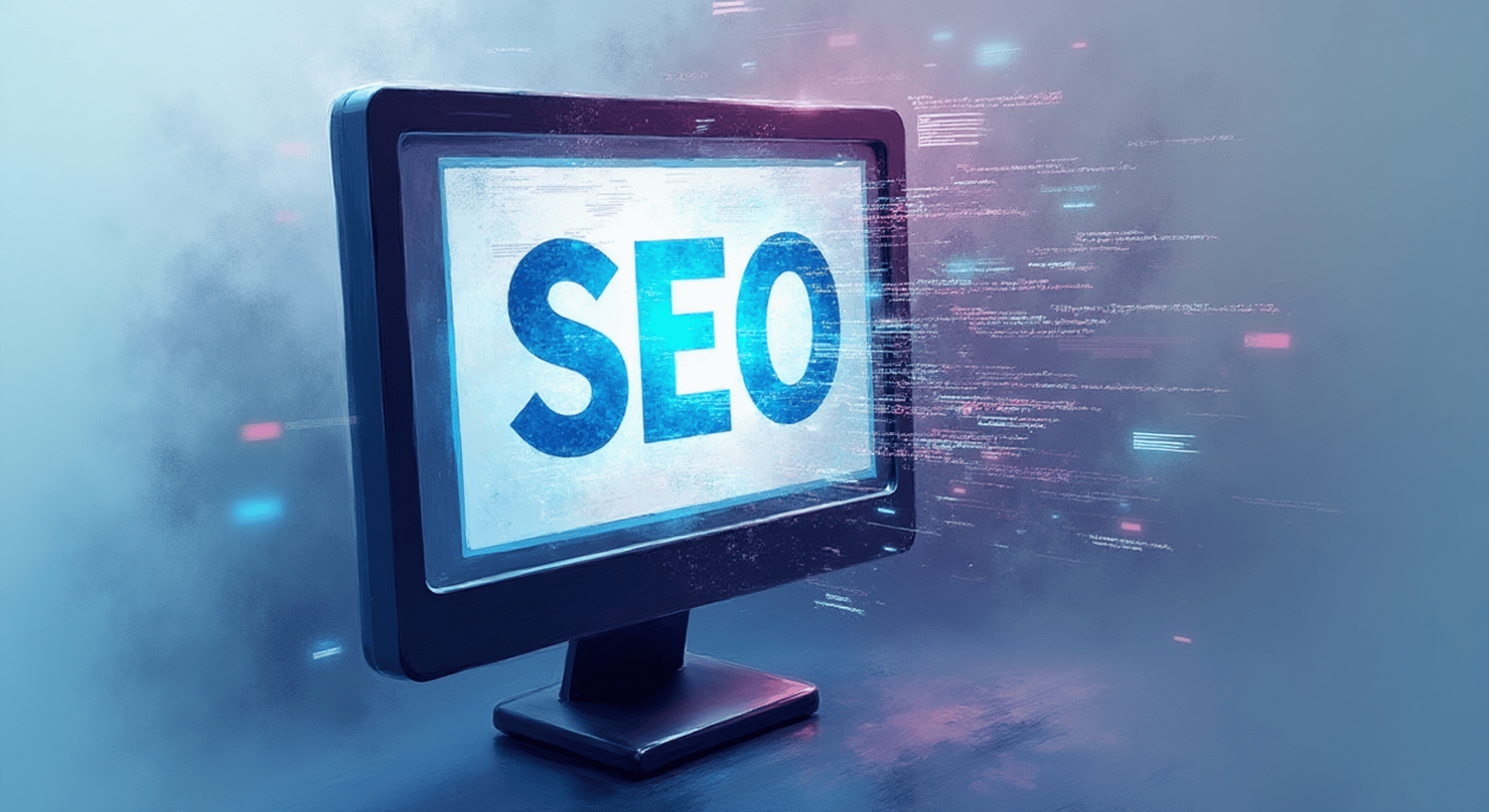 Website code being optimized for SEO with titles, meta descriptions, and tags highlighted.